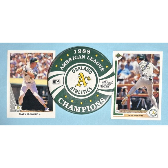 Oakland A’s 1988 AL Champions Pinback  & 2 Mark McGwire Cards 1990 &1991 - Picture 1 of 2